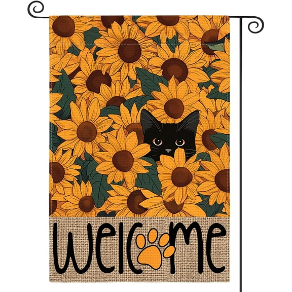 JANI Sunflower Spring Summer Garden Flag 12x18 Inch Double Sided Outside, Black Cat Welcome Seasonal Yard Outdoor Flag