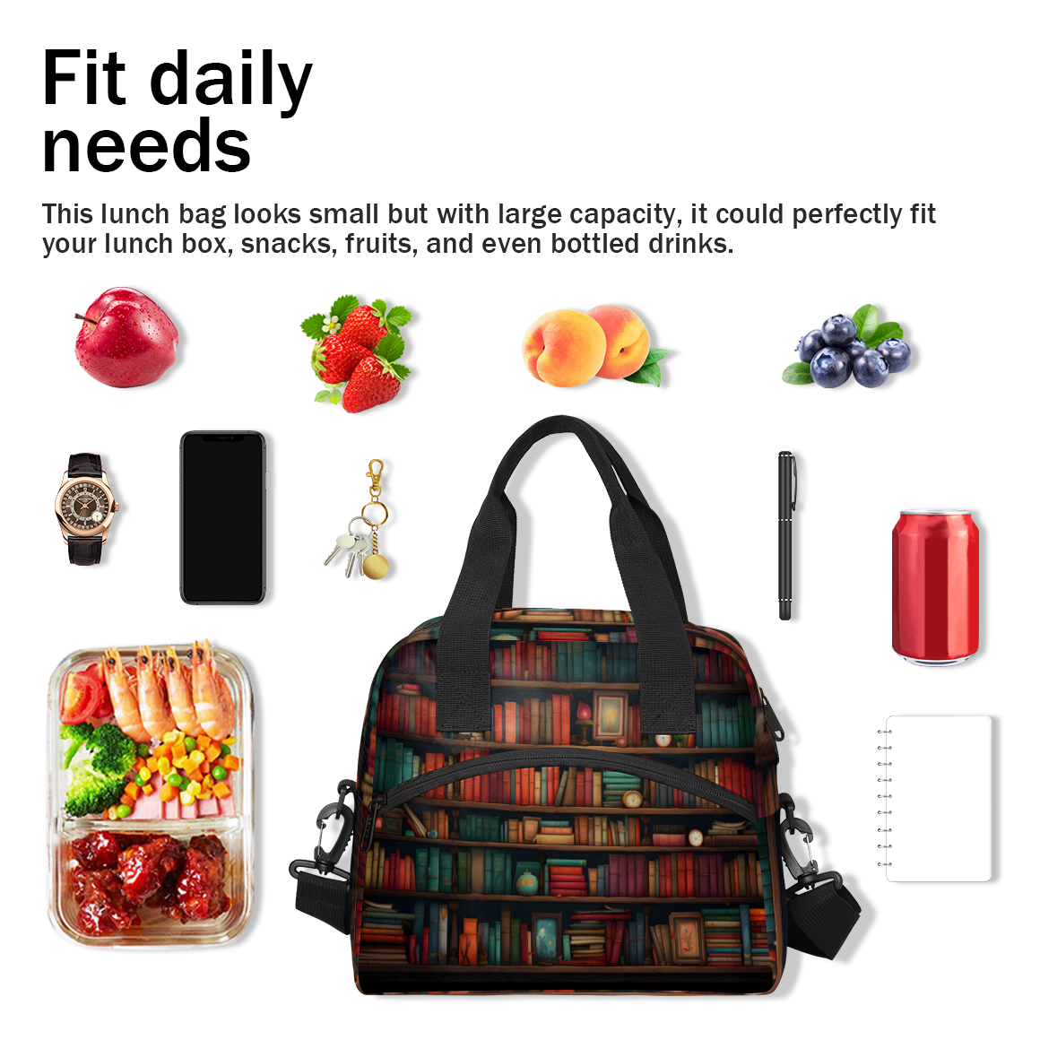 Herdesigns Bookshelf Insulated Lunch Bag for Women Men Adults Large Reusable Lunch Box Leakproof Portable Cooler Tote Bags with Adjustable Shoulder Strap