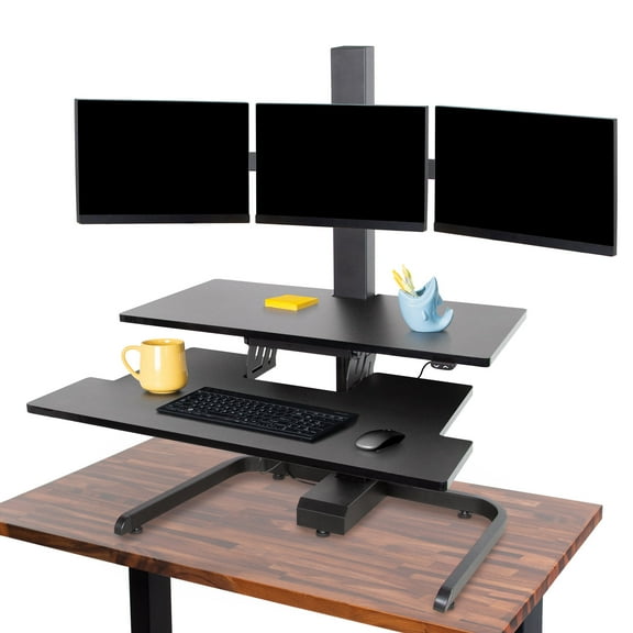 Stand Steady Techtonic | Electric Standing Desk Converter with 3 Monitor Mounts | Ergonomic Stand Up Desk Converter with Keyboard Tray Holds 3 Screens | Easy & Quiet Sit to Stand at Push of a Button