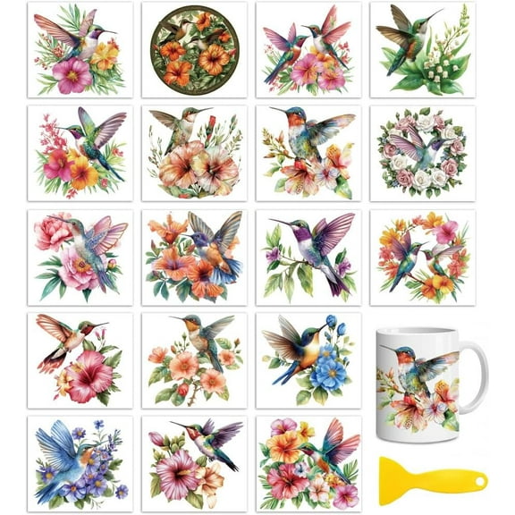 18 Sheets Rub On Transfers for CraftsHummingbird UV DTF Cup Wrap Waterproof Cold Transfers Stickers for Wood Glass Home Decor 3.6 * 3.9inch Colorful