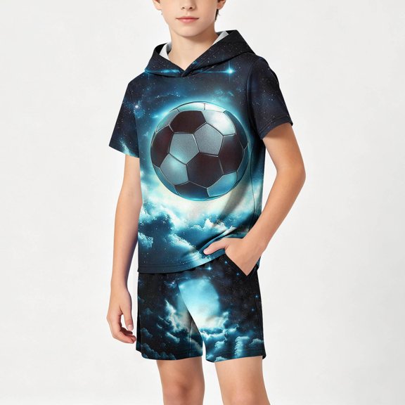 ATOGUTA Boy 2 Piece Outfit Short Sleeve Soccer Graphic Hooded Shirts Tops and Shorts Set Size 5T-15 Casual Sport Clothes for Kids Light Blue