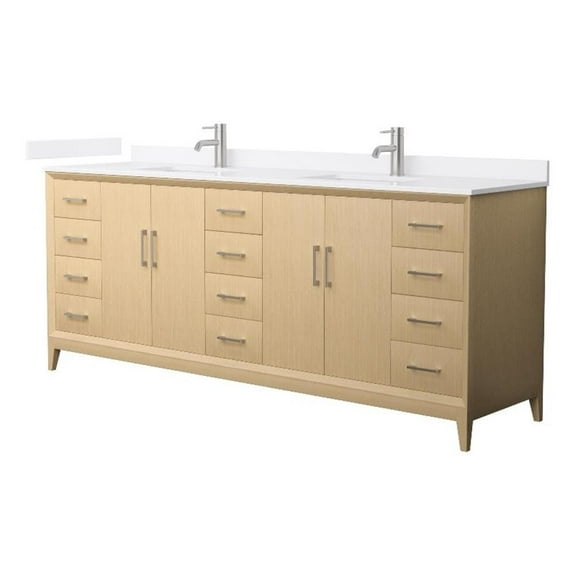 Wyndham Collection WCH757584DHOWQUNSMXX 84 in. Janna Double Bathroom Vanity, Quartz Countertop, Under Mount Square Sinks 1-Hole, Trim - White Oak, White & Brushed Nickel