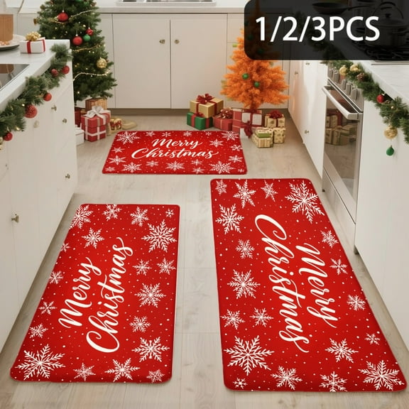3PCS Kitchen Mat set, Welcome Door Flannel Rug,Home Decor for Front Door,Kitchen, Bathroom, Merry Christmas Snowflakes On Red ,Great Christmas Housewarming gift for Family and Friends.