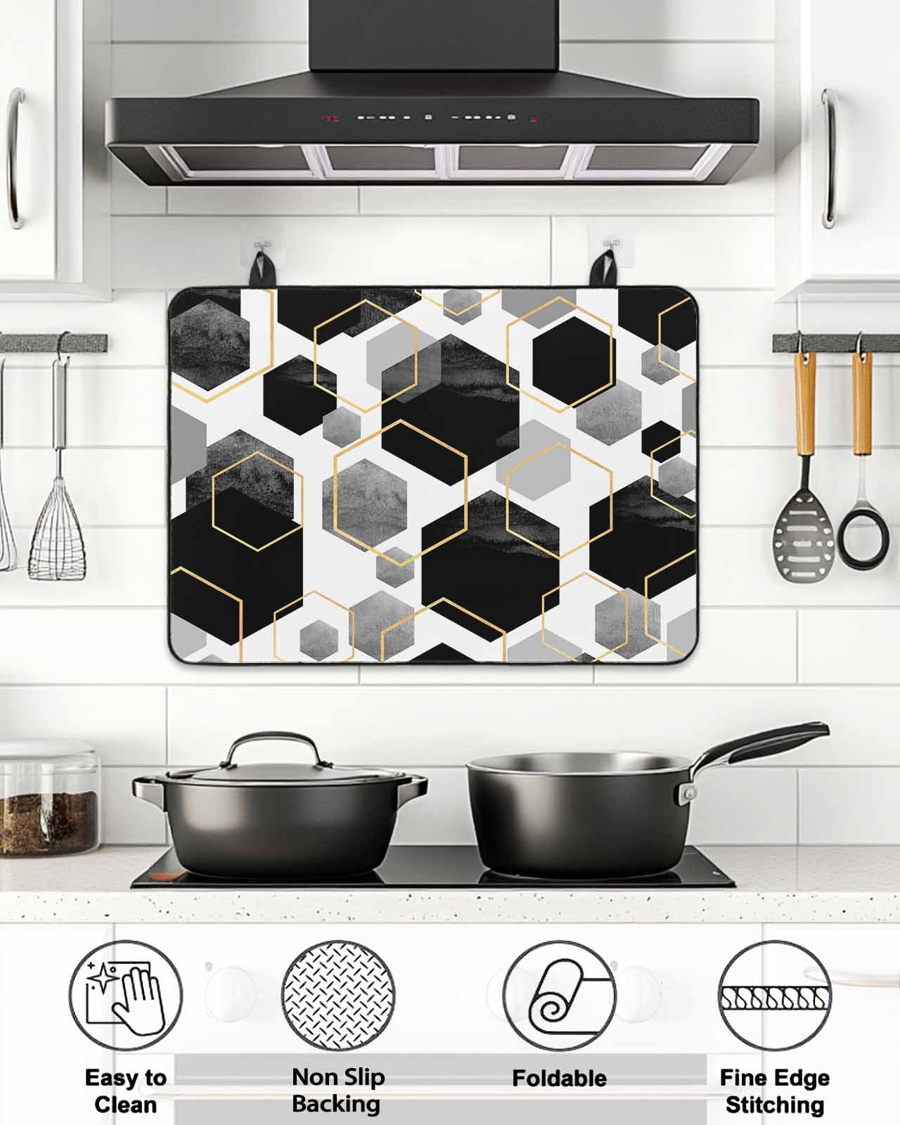 Stove Top Covers for Electric Stove, Black Grey Glass Stovetop Cover Protector, Geometric Gold White Hexagon Modern Induction Cooktop Protector Oven Mat for Kitchen Countertop 24"x21"
