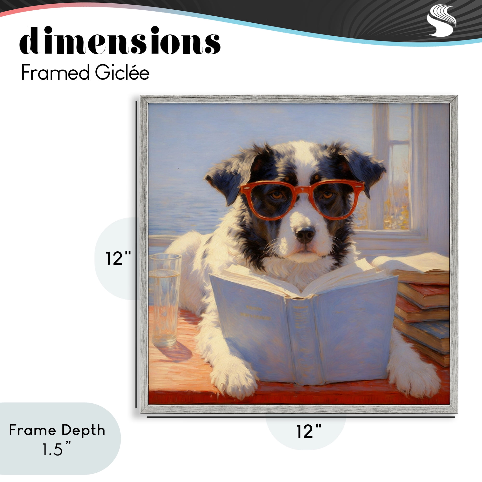 Stupell Industries Sunlit Dog Reading By Window Gray Framed Giclee Art, design by Angie Hawke