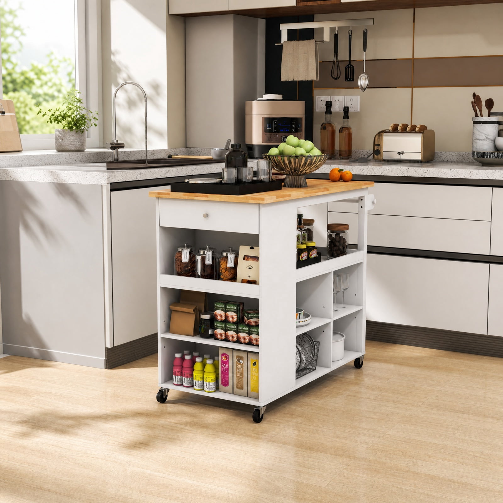Furnibear Kitchen Island Trolley Cart on Wheels with Rubber Wood Countertop Open Shelves Spice Rack and Storage Drawer for Dining Rooms, White
