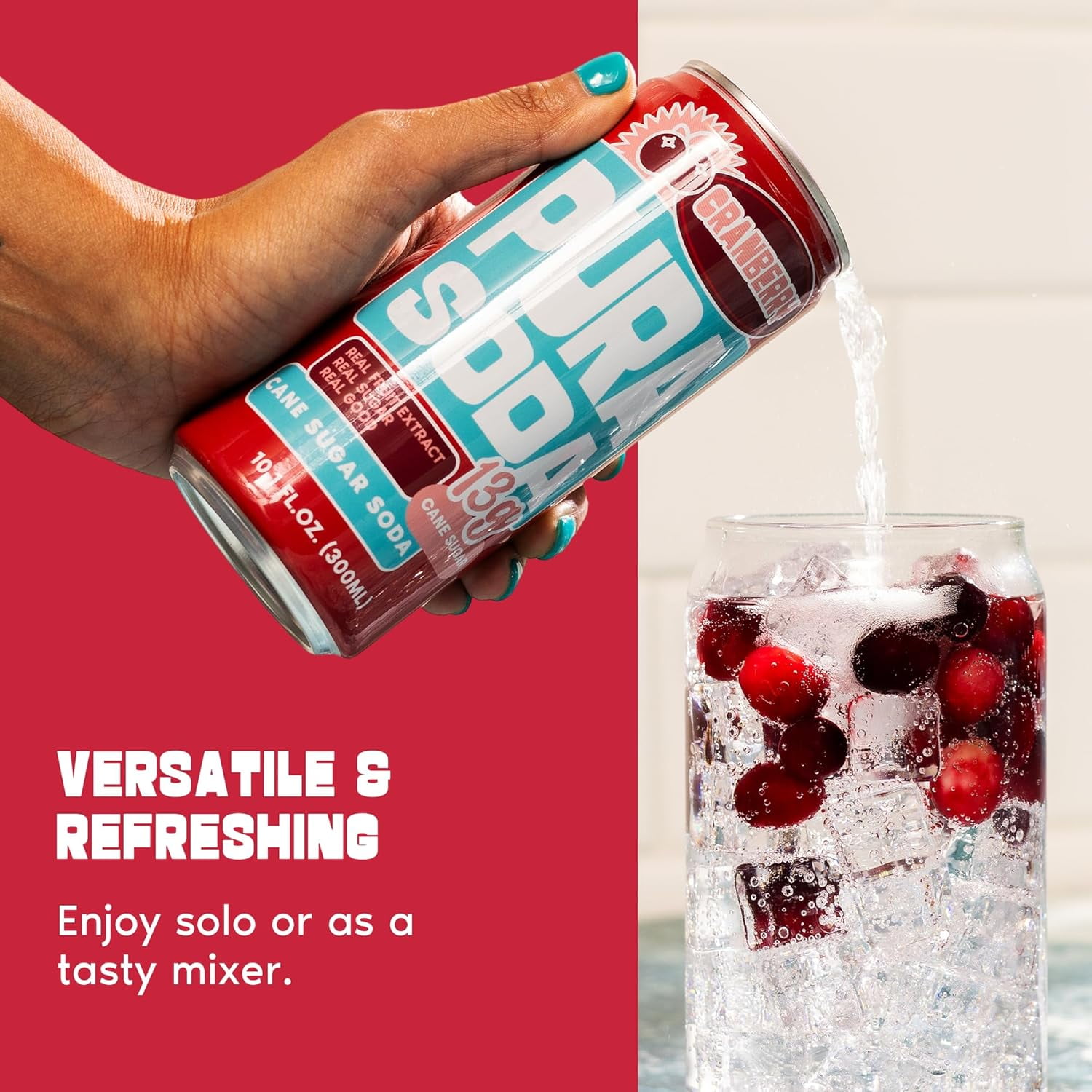 PuraSoda® Cranberry | Low-Calorie, Cane Sugar Soda Beverage | Non-GMO, Vegan | Made with Pure Cane Sugar, No Preservatives | 10.1 fl oz (300ml) Cans, 24-Pack