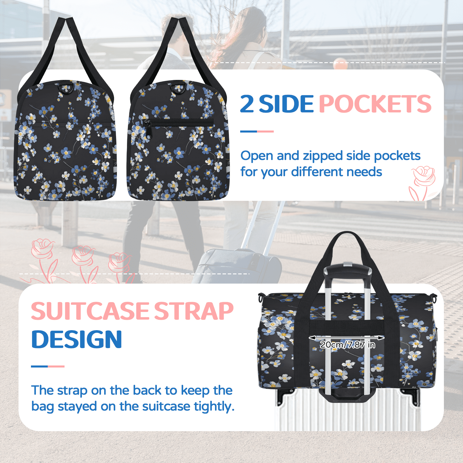 Herdesigns Blue Wildflowers Travel Duffle Bag Sports Yoga Weekender Overnight Carry on Workout Bags Lightweight Waterproof Gym Tote Bag for Women