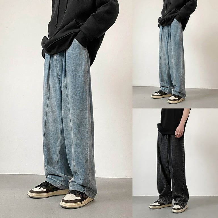 xiuh casual pants men fashion loose plus size jeans street wide leg  trousers pants baggy pants black l