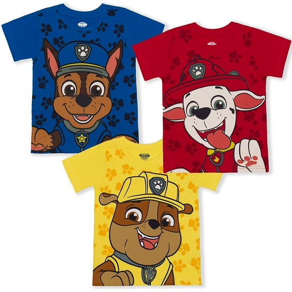 Nickelodeon Paw Patrol Boy's 3-Pack Chase, Marshall and Rubble Tees, Blue/Yellow/Red, Size 7