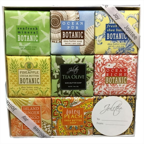 French Milled Botanical Soap Sampler Set in Nine Fabulous Scents, Individually Wrapped Vegetable Based Mini Soaps with Essential Oils, Shea Butter and Natural Extracts (Tropical Beachy)