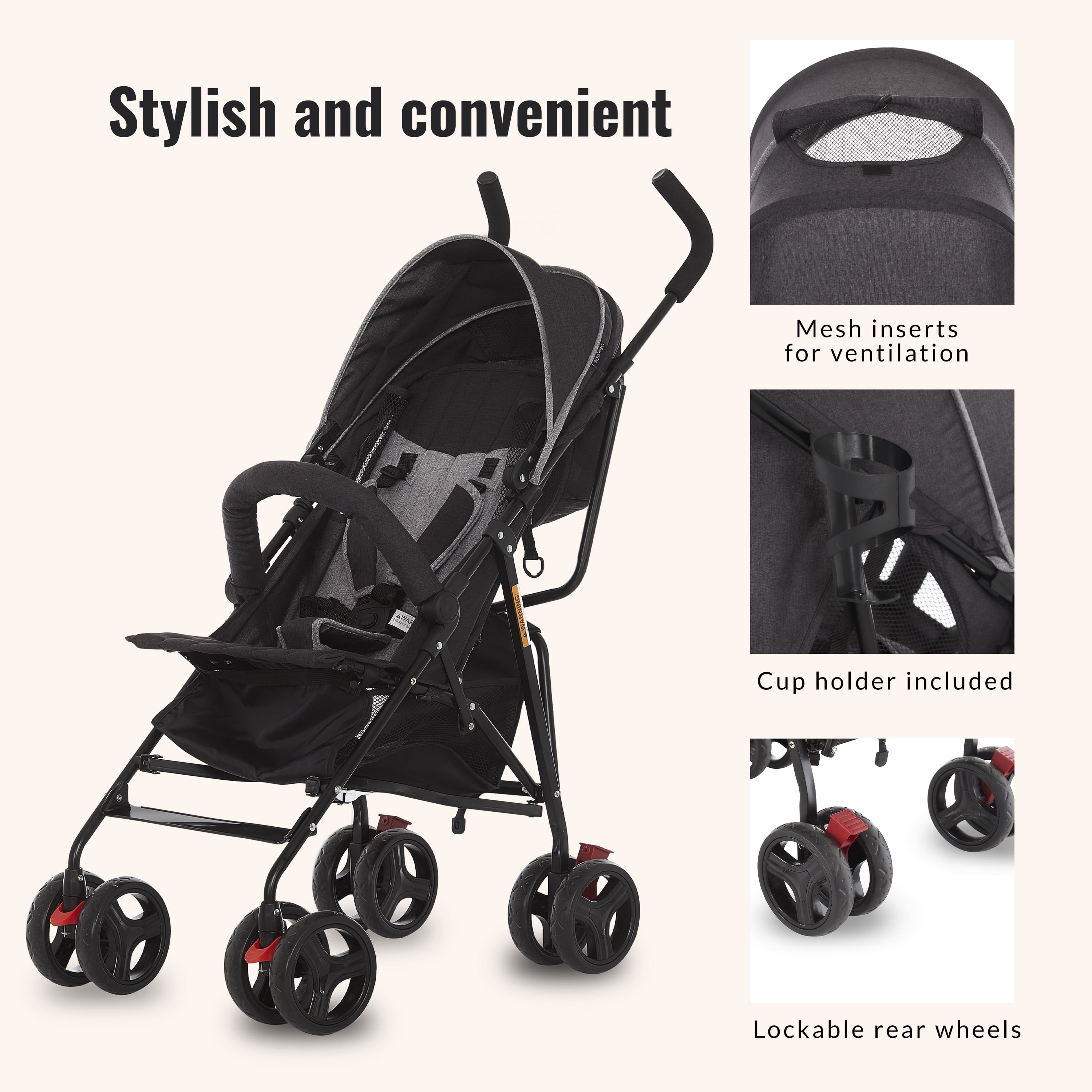Dream On Me Vista Moonwalk Stroller | Lightweight Infant Stroller with Compact Fold | Multi-Position Recline | Canopy with Sun Visor | Perfect for Traveling and Theme Parks, Black