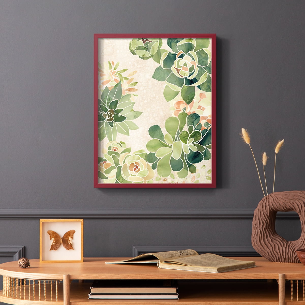 Stained Glass Succulents II Framed Print in Red Solid Wood Framed Print No Nail Hanging