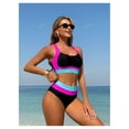 thumbnail image 3 of Bikini Set for Women Black Color Block, Halter Top High Waist Swimsuit, Pink Blue Contrast Trim, Adjustable Tie Back Two Piece Bathing Suit - S, 3 of 6