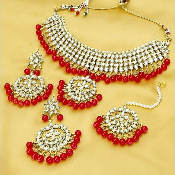 Women's Bollywood Glamorous South Indian Kundan Choker Necklace Set Gold-Plated for Weddings & Special Occasions