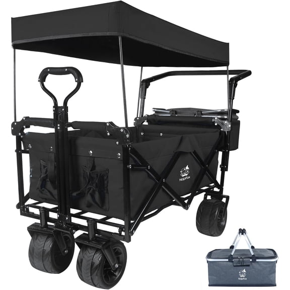 Collapsible Wagon cart with Removable Canopy, Large All Terrain Wheels, Brake, Adjustable Handles,Cooler Bag, Black