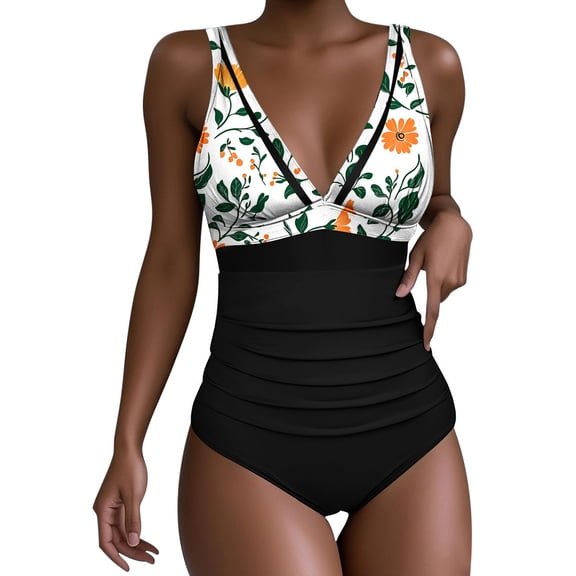 qucoqpe One Piece Swimsuit for Women Fashion Floral Print Gathering Bathing Suit Slim Mesh Wraps Ruched Swimwear
