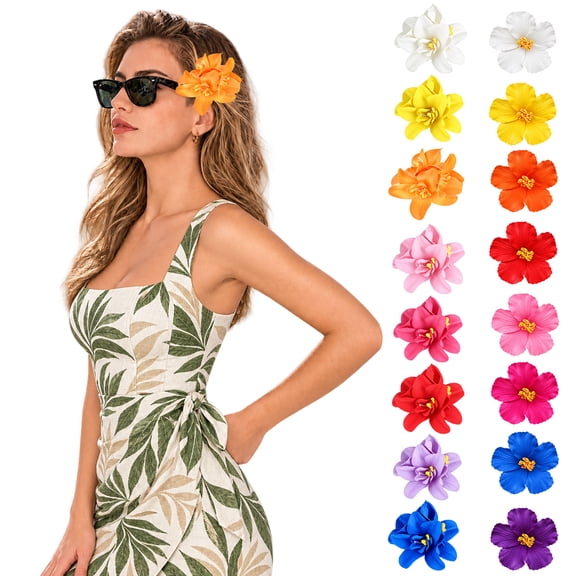 16 Pcs Artificial Tropical Flower Hair Clips, Hawaiian Phalaenopsis Orchid & Hibiscus Hair Pins, Floral Hair Accessories for Beach Wedding & Vacation Party