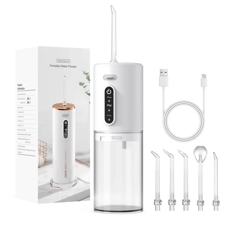 Water Dental Flosser with 5 Jet Tips, 280ml Water Tank, Portable Cordless Electric Water Flosser, 3 Modes Rechargeable Oral Irrigator, IPX7 Waterproof for Teeth Cleaning, White