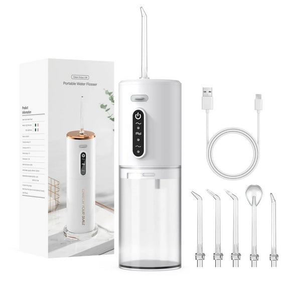 Water Dental Flosser with 5 Jet Tips, 280ml Water Tank, Portable Cordless Electric Water Flosser, 3 Modes Rechargeable Oral Irrigator, IPX7 Waterproof for Teeth Cleaning, White