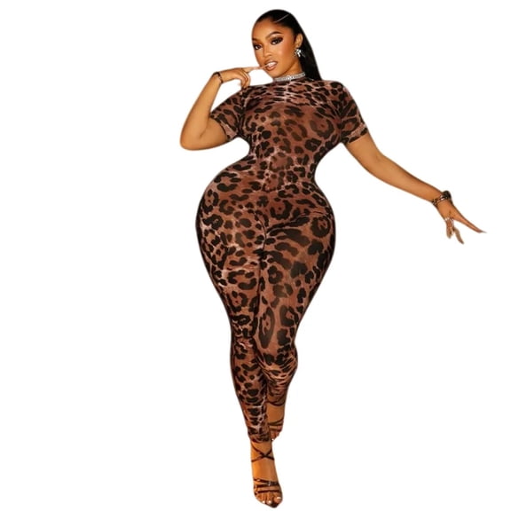 Women’s Leopard Print O-Neck Short Sleeve Backless Jumpsuits, Sexy