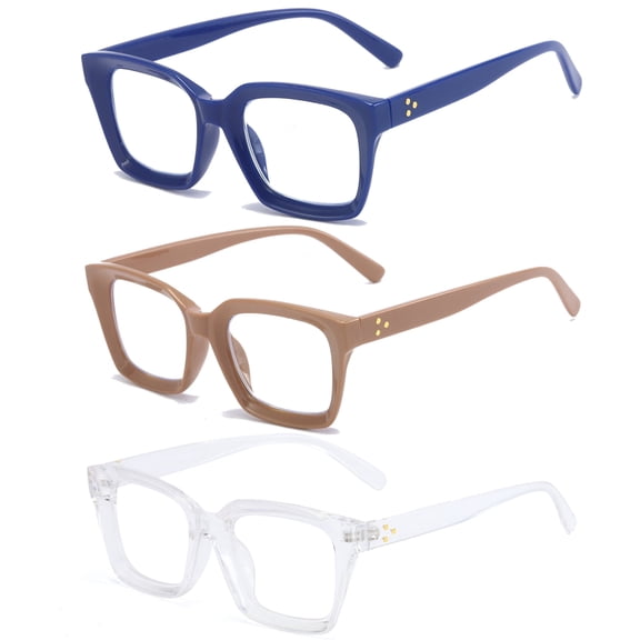REAVEE 3 Pack Reading Glasses Women Blue Light Blocking, Oprah Style Computer Readers Retro Classical, Blue Khaki Transparent  3.5