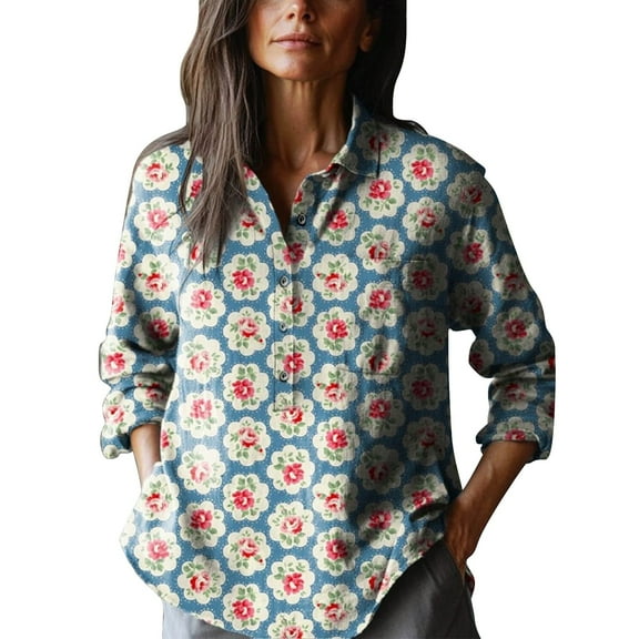 Cqxid525 Ladies Tops And Blouses Women's Retro Floral Art Print Casual Long Sleeve Comfortable Cotton Shirt Blue L