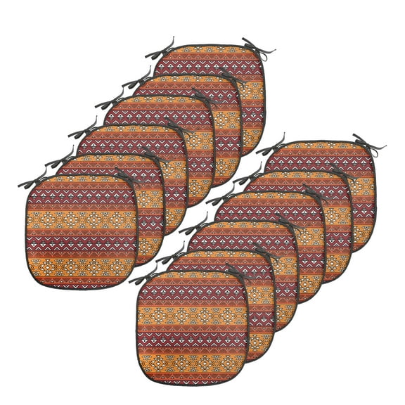 Tribal Chair Seating Cushion Set of 12, Maya Inspired Horizontal Esoteric Latin Inspired Geometric Pattern Print, Seat Pads for Office with Anti-slip Backing, 16"x16", Ruby Apricot, by Ambesonne
