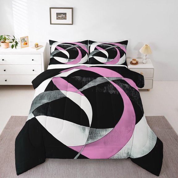 Erosebridal Abstract Stripes Bedding Twin Comforter Set,Geometric Circle Down Comforter,Black Pink Bedding Sets Twin with Comforter,Super Cozy Round Room Decorative,Reversible,3pcs