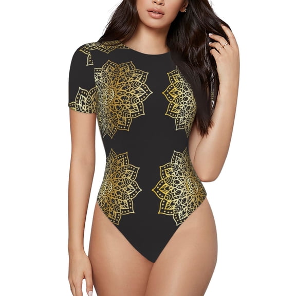 Rateoe Gold Mandala Printed Women Rash Guard Short Sleeve,Tummy control Swimsuit Surfing Swimsuit Bathing Suit Short-sleeved Onesie UPF 50 -Small