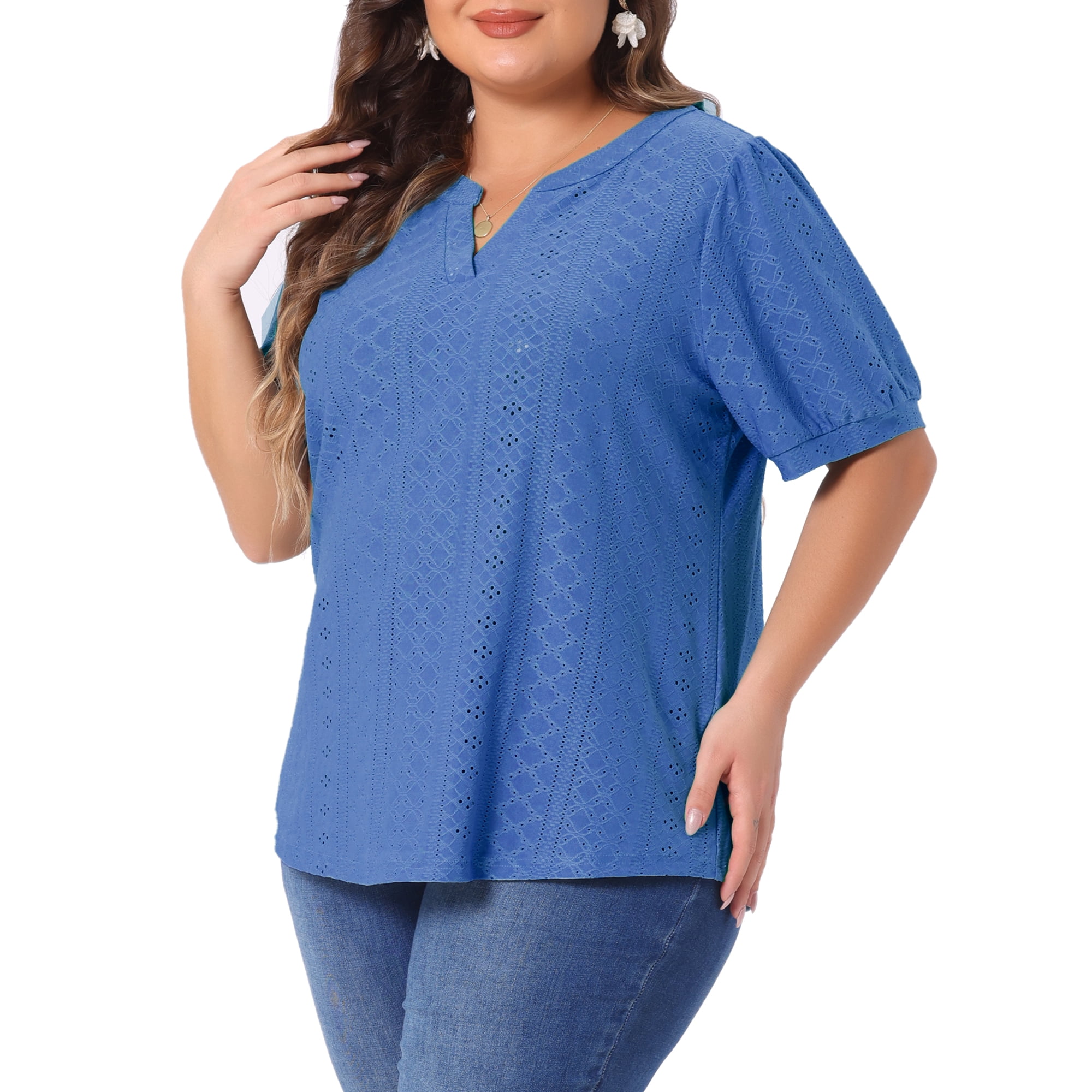 DARING DIVA Women's Plus Tops Hollow Casual V Neck  Summer Blouse Shirts 4X Royal Blue
