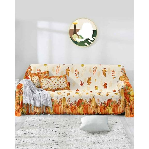 Thanksgiving Sofa Covers for 3 Cushion,Washable Couch Cover for Sectional Sofa Slipcovers with Tassel,Orange Red Pumpkin Fallen Maple Leaves Loveseat Covers Futon Cover Throw Blanket 71''x118''