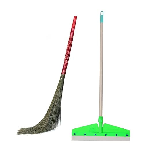 Hari Ram Gulab Rai Household Wiper Cleaning Broom | Squeegee + Phool Jhadu Combo | Plastic Floor Wiper With Long Stick, No Dust Grass Jhadu | Perfect For Kitchen, Balcony, Garage & Office