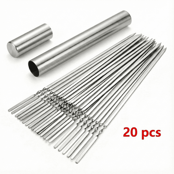 CNDRLEF 20PCS 13inch Stainless Steel BBQ Skewers, Reusable Grilling Skewer Sticks with Portable Tube Case for Outdoor Cooking & Barbecue Party