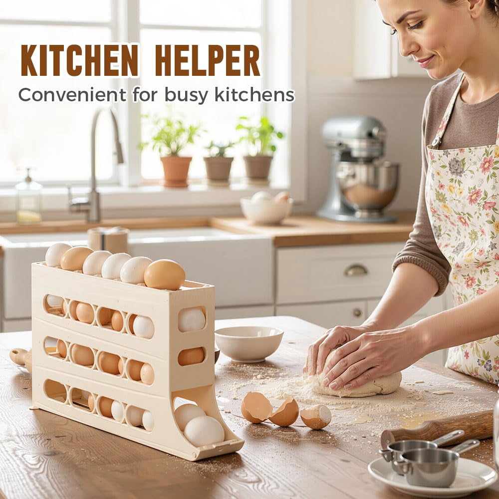 4-Tier Rolling Egg Dispenser for Fridge, Holds 30 Eggs, Plastic Space-Saving Egg Organizer