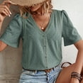 thumbnail image 3 of Top de verano para mujer, Top informal holgado de manga corta con cuello en V y botones con ojales, Top con adorno de encaje para mujer, 3 of 6