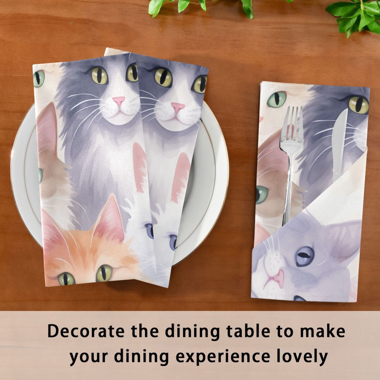 JSTEL Watercolor Cats Kitten Cloth Napkins Set of 6, 20x20 Inch Washable and Reusable Napkin for Decoupage Dinner Party Everyday Use