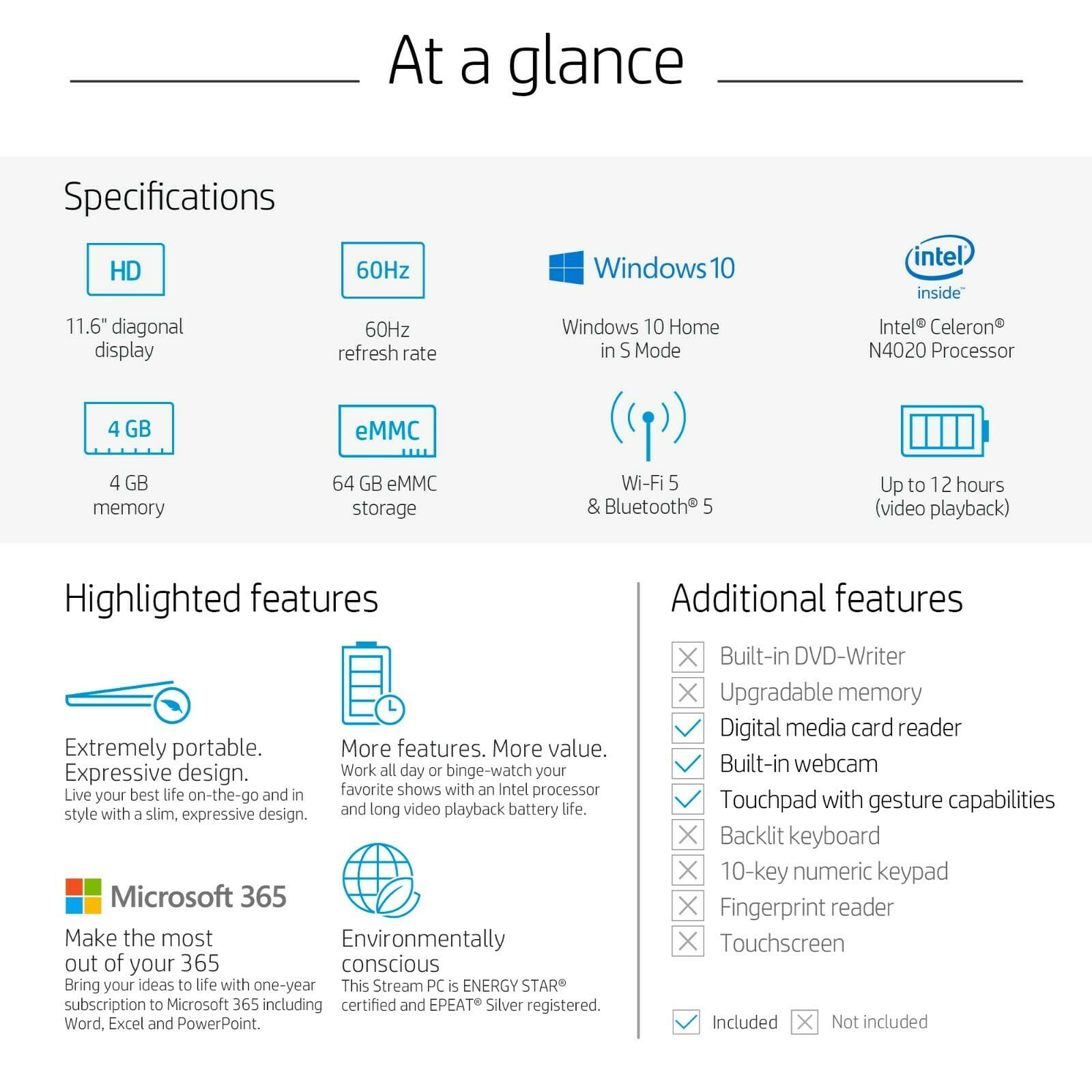 HP Stream 11.6", Celeron N4020, 4GB RAM, 64GB emmc, Royal Blue, Windows 10 Home in S mode, 11-ak0090wm