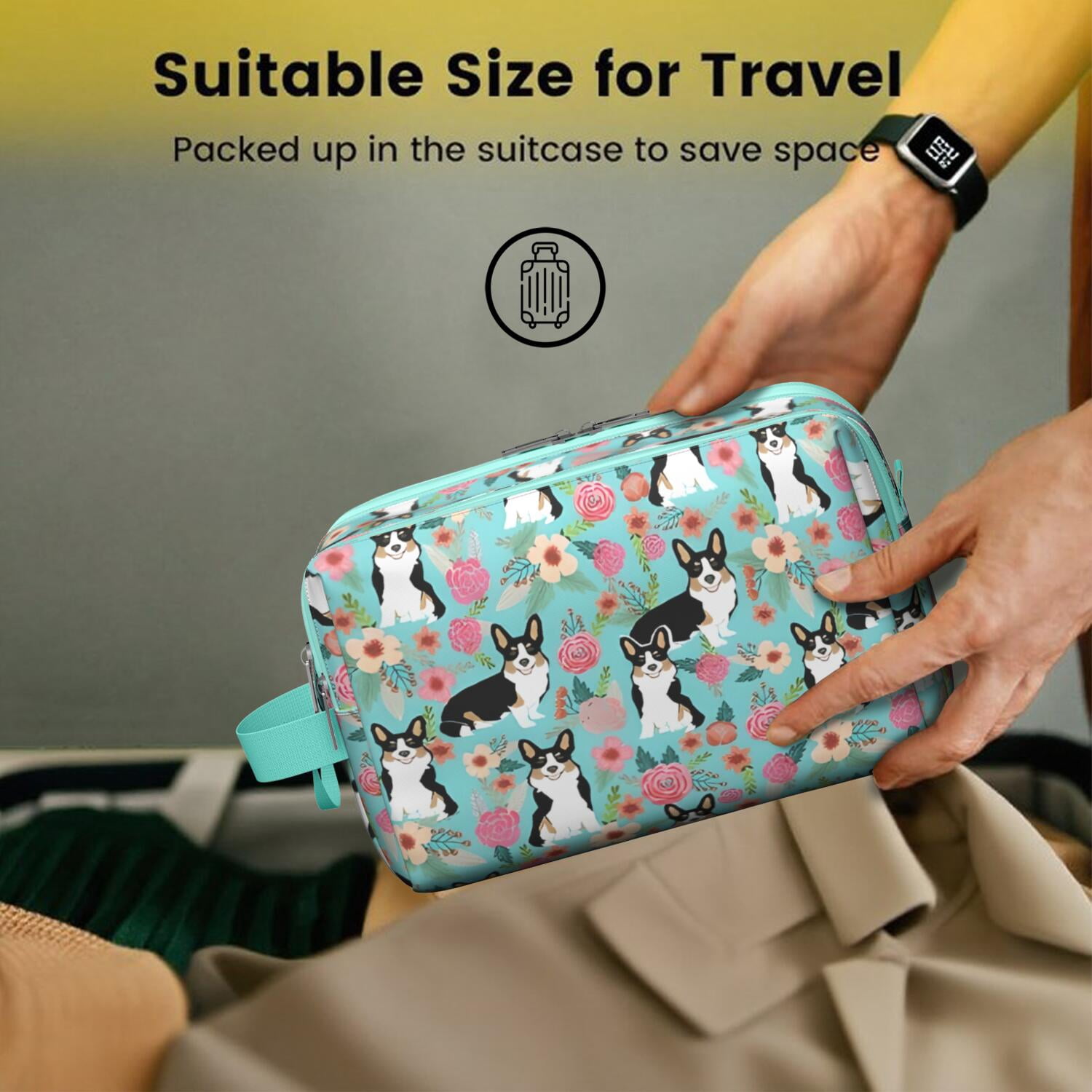 Toiletries Bag,Corgi Dog and Flowers Mens Womens Toiletry Bag Bathroom Bag,Waterproof Toiletry Travel Bag Dopp Kit Shaving Bag 11x6.3x5.1 Inch