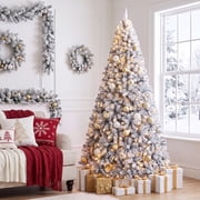 Costway 7.5 FT Pre-Lit Flocked Cedar Christmas Tree Hinged White