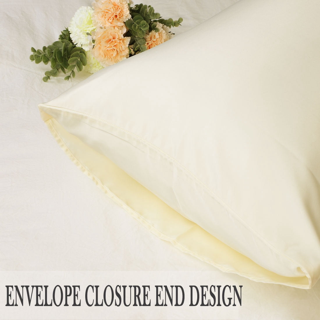 Unique Bargains Silky Satin Pillow Cases Covers Set of 2 Cream Queen