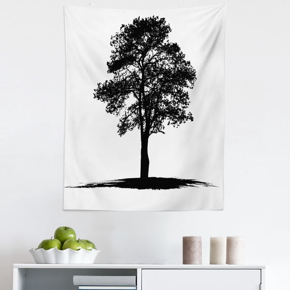 Oak Tree Tapestry, Monochrome Illustration of Branches Silhouette Design Eco Nature Theme Print, Fabric Wall Hanging Decor for Bedroom Living Room Dorm, 5 Sizes, Black and White, by Ambesonne