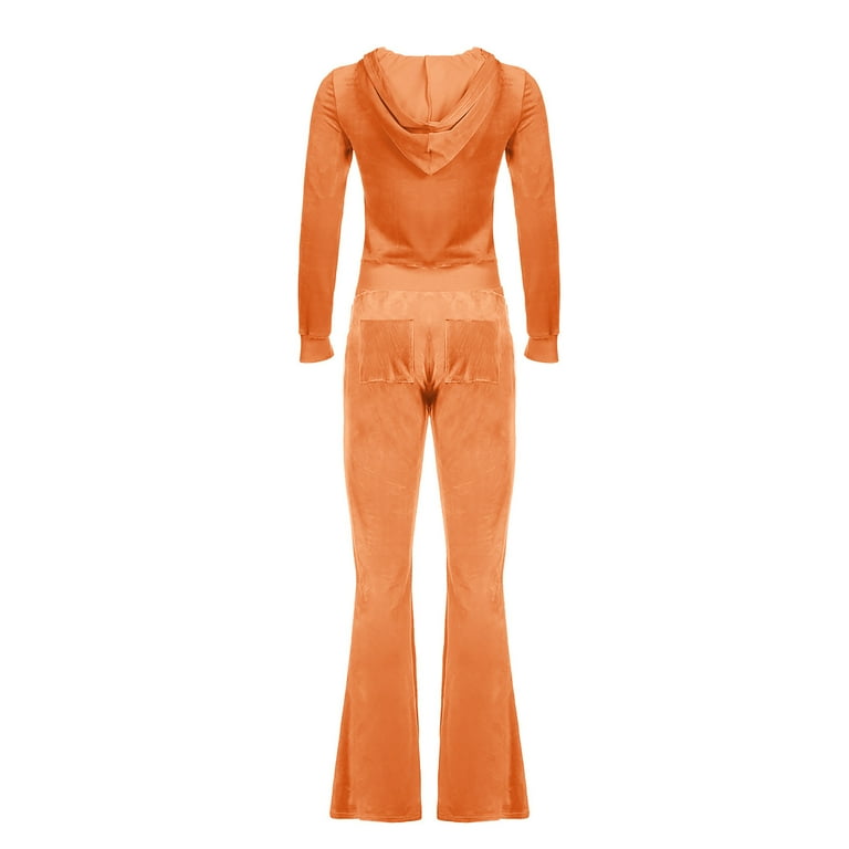 XFLWAM Women s Velour Tracksuit 2 Piece Outfits Long Sleeve Cropped Zip Hooded Sweatshirt Jacket and Track Pants Set Orange S