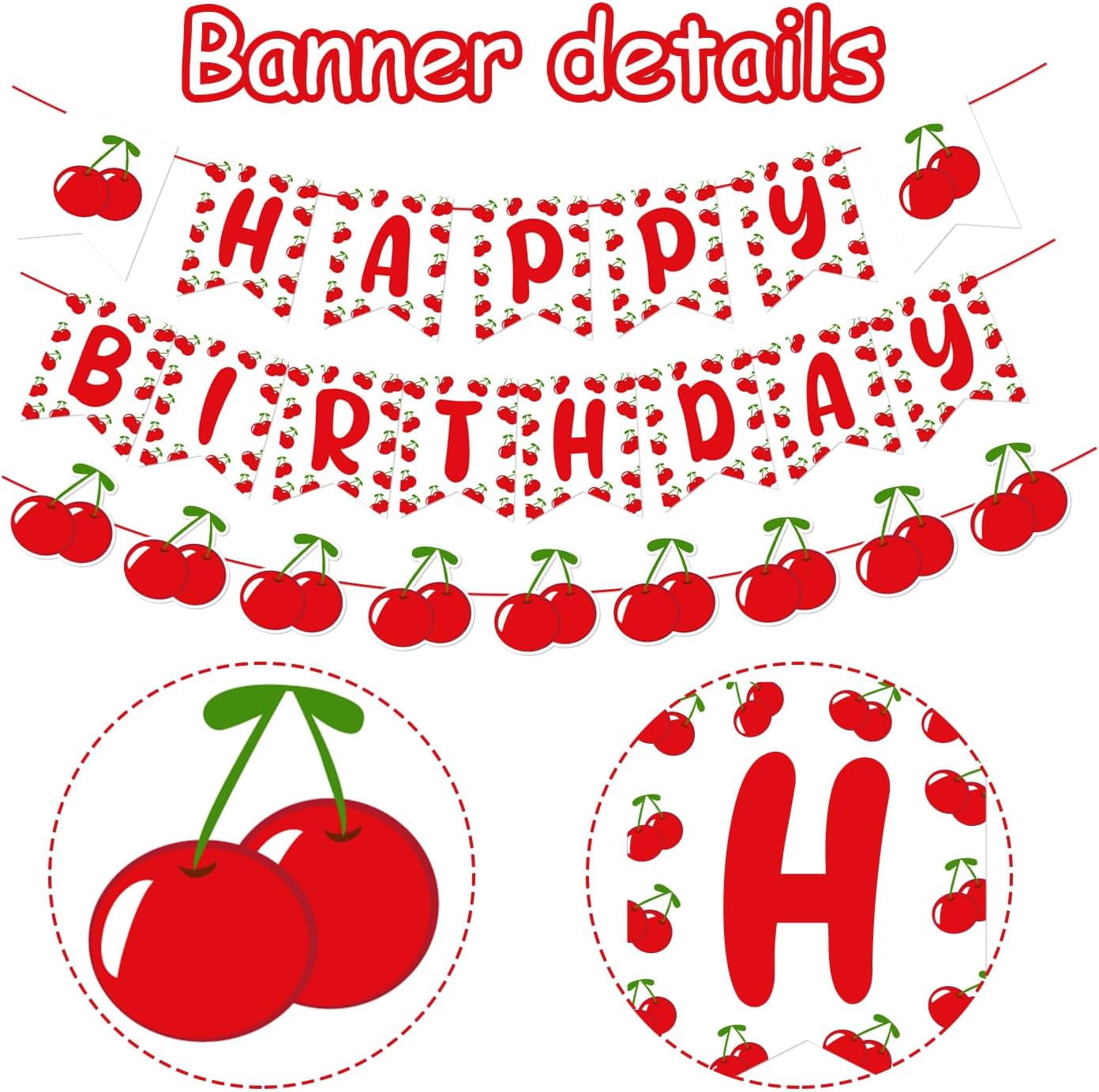 Cherry Themed Happy Birthday Banner Garland Sweet Cherry Birthday Party Decorations Fruit Theme Party Supplies for Girls1st 2nd 3rd Birthday Party