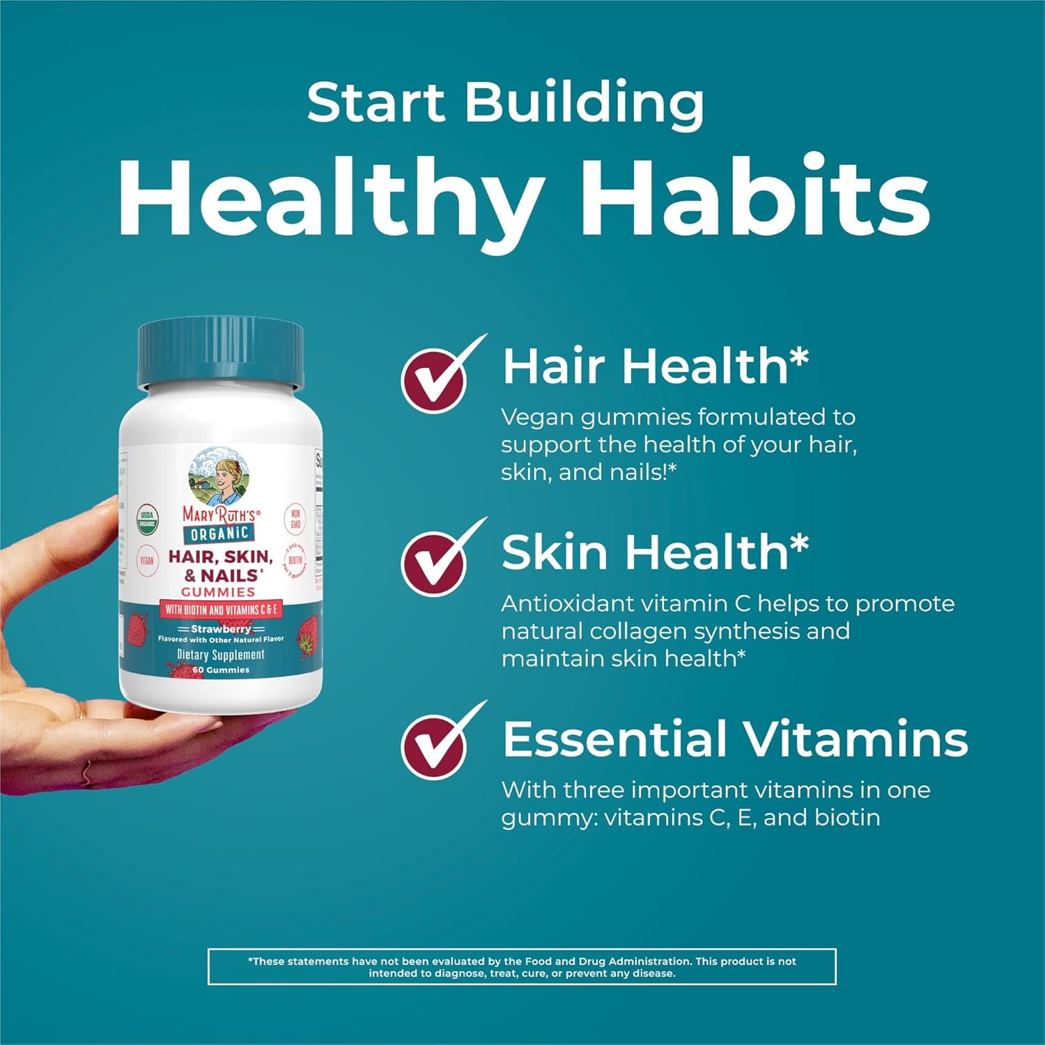 MaryRuth's Hair, Skin and Nails Biotin Gummies, Adult Vegan, 60 Count