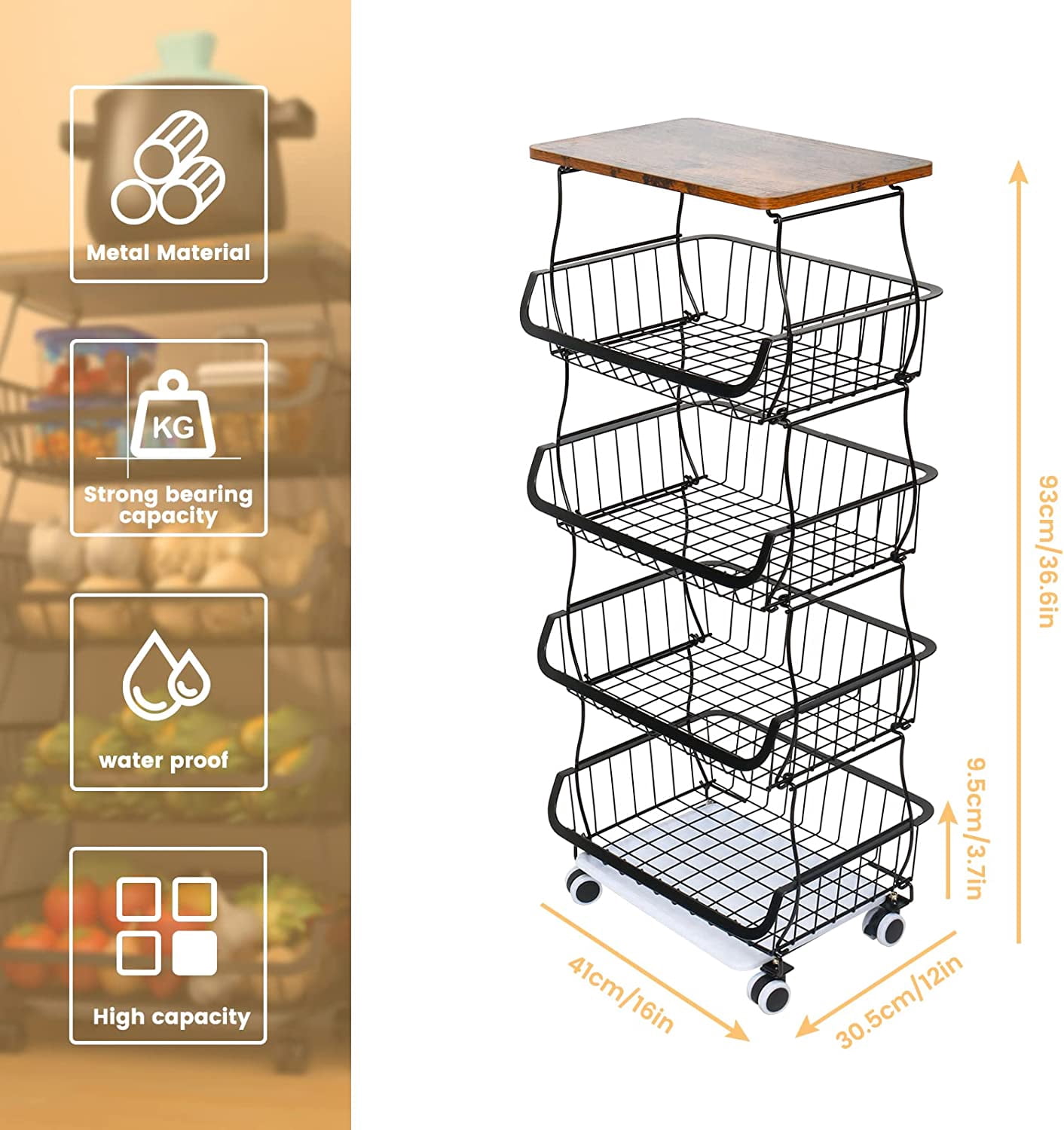 WERSEON 5 Tier Fruit Basket for Kitchen Organizers and Storage, Stackable Metal Wire Basket Stand Cart with Wheels for Fruit Vegetable