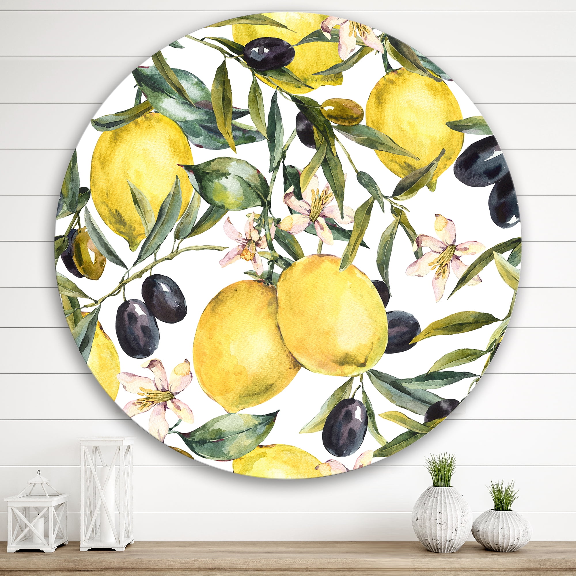 Designart 'Olive and Lemon Branches I' Tropical Circle Metal Wall Art 36x36 - Disc of 36