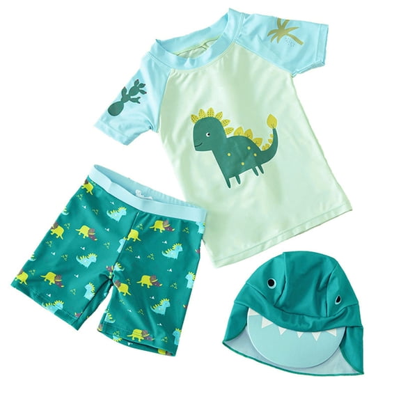 Hiijoy Boys 3Pcs Swimsuit Cartoon Dinosaur Print Rash Guard Swim Trunks Sun Hat Bathing Suit, Sizes 2-7