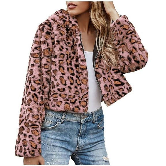 Women's Faux Fur Leopard Print Crop Jacket Long Sleeve Winter Warm Fluffy Lapel Coat