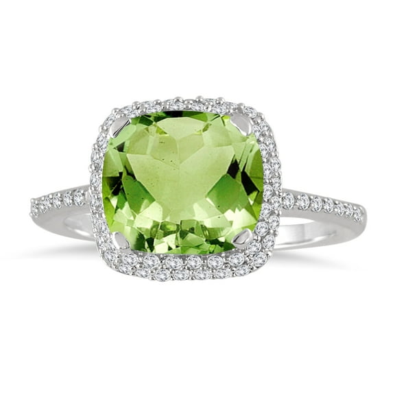 SZUL Women's Cushion Cut Peridot and Diamond Halo Ring in 10K White Gold